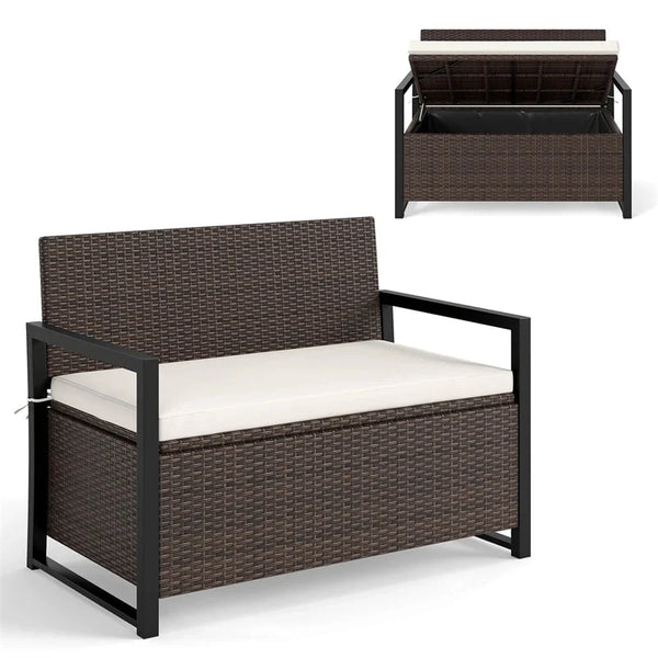 40 Gallon Outdoor Wicker Storage Bench with Cushion & Cover, Metal Frame Patio Deck Box Seat, Rattan Loveseat for Garden, Poolside