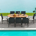 Tangkula 9 Pieces Patio Rattan Dining Set, Outdoor Oval Acacia Wood Dining Table and 8 Patio Wicker Armchairs Set with Umbrella Hole