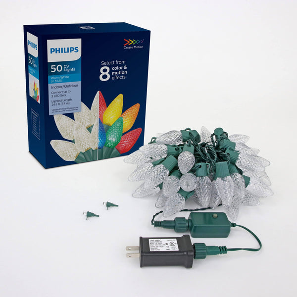 Philips 50 LED 8 Function Bicolor Faceted C9 Christmas Lights on Green Wire - UL Listed for Indoor/Outdoor Use - 26.83' Total Length with 6" Bulb