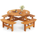 8-Person Round Wood Picnic Table Set with 4 Built-in Benches & 2" Umbrella Hole, Holds 2420 LBS, Outdoor Dining Table & Bench for Patio Garden