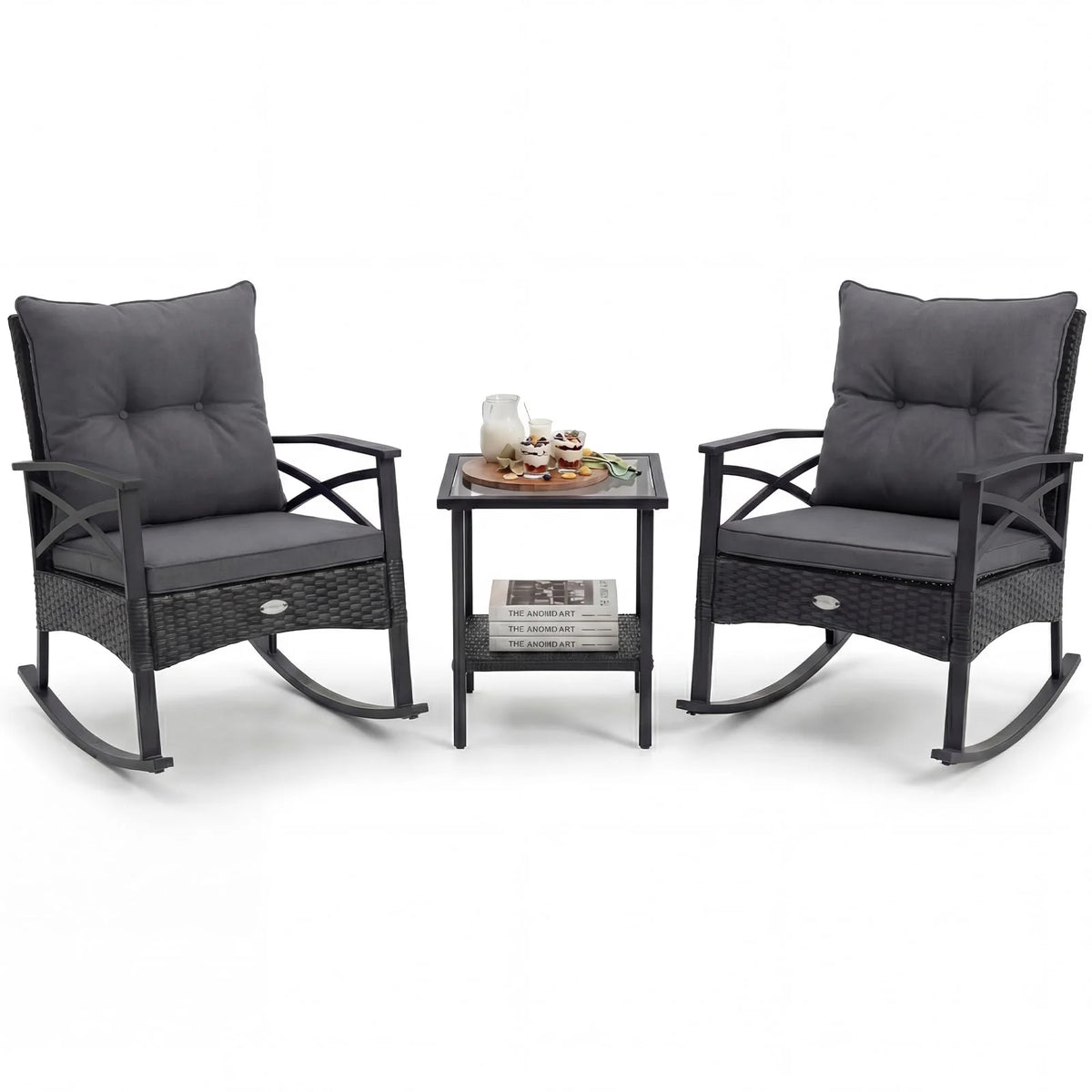 Tangkula 3 Pieces Outdoor Rocking Chairs Set Rattan Heavy Duty Cushioned Rocker Chairs