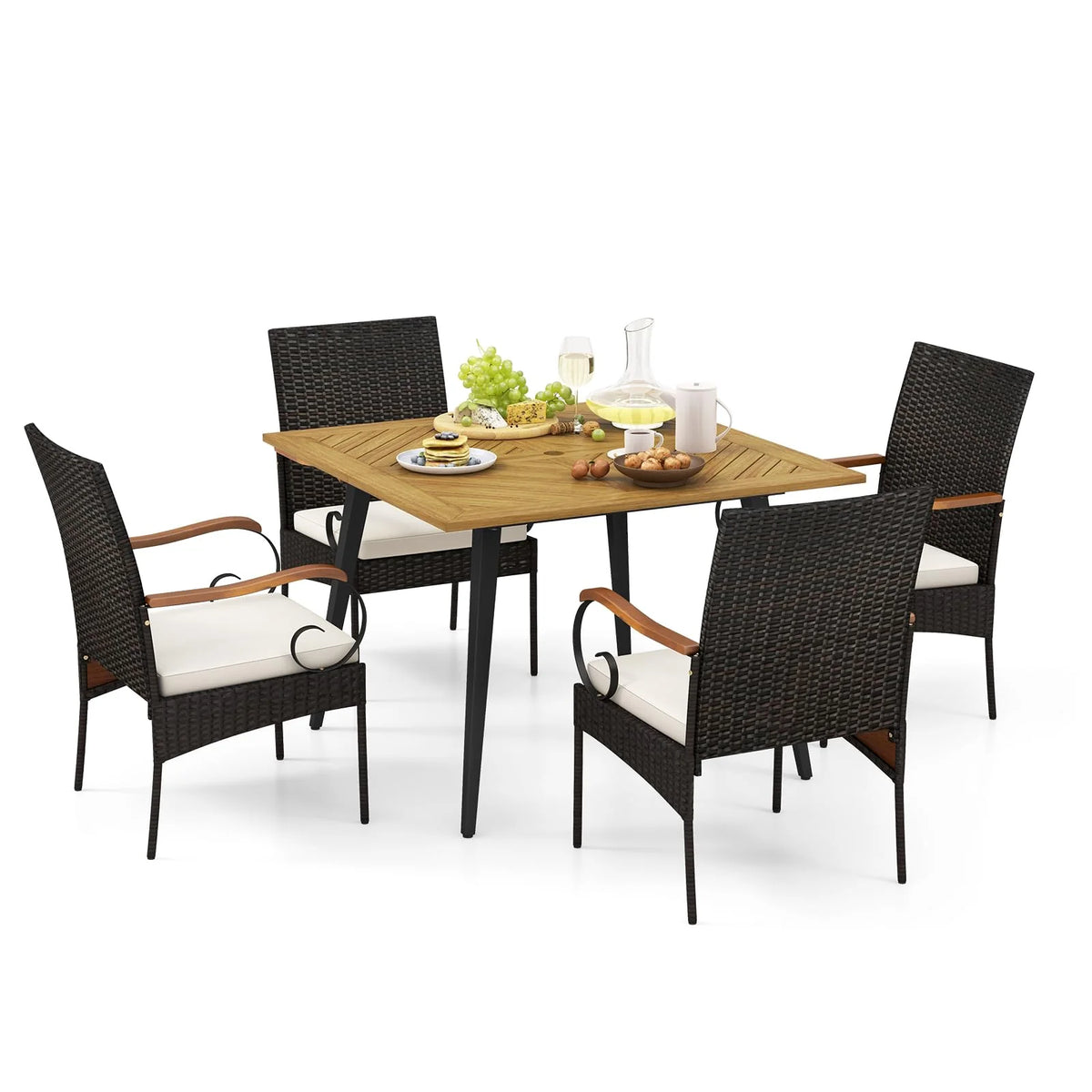 Tangkula 5 Pieces Patio PE Wicker Dining Set, 42.5” Square Acacia Wood Dining Table and Chairs with Cushions