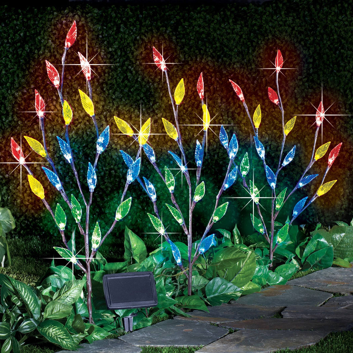 Collections Etc Bright Leaf Branch Solar Garden Lights with Adjustable Branches - Set of 3, Outdoor Decorative Accents, Multi Color Lig, 60
