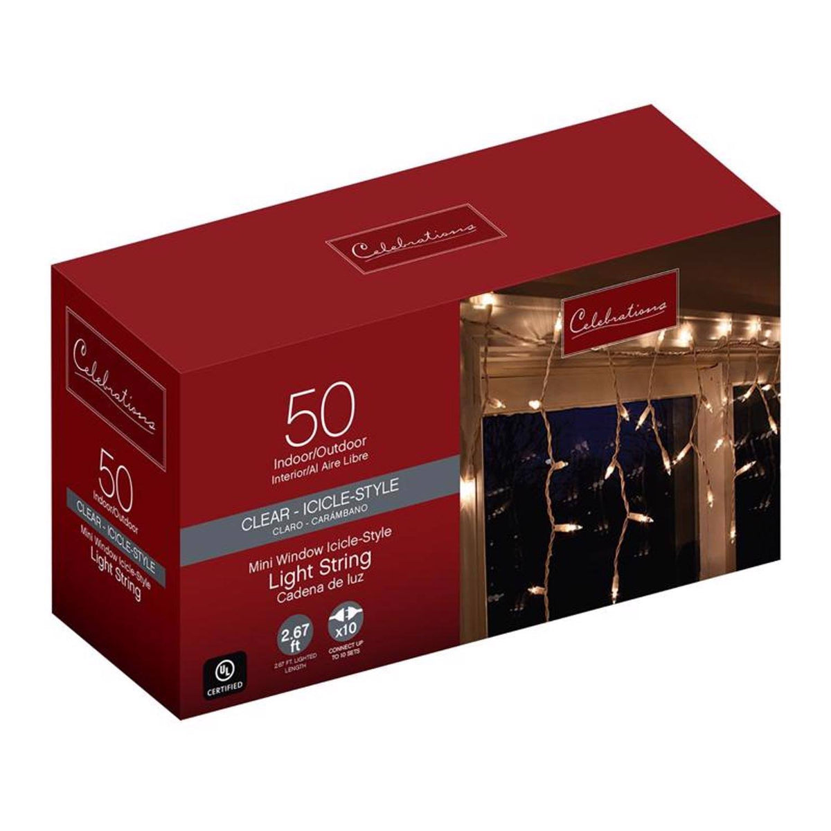 Celebrations Indoor/Outdoor Icicle-Style Window Lights, 50 Bulbs, Clear with White Wire, 3'