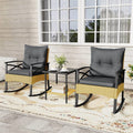 3 Piece Rattan Patio Rocking Bistro Set, Outdoor Wicker Rockers with Cushions & 2-Tier Tempered Glass Coffee Table for Porch, Balcony, Backyard