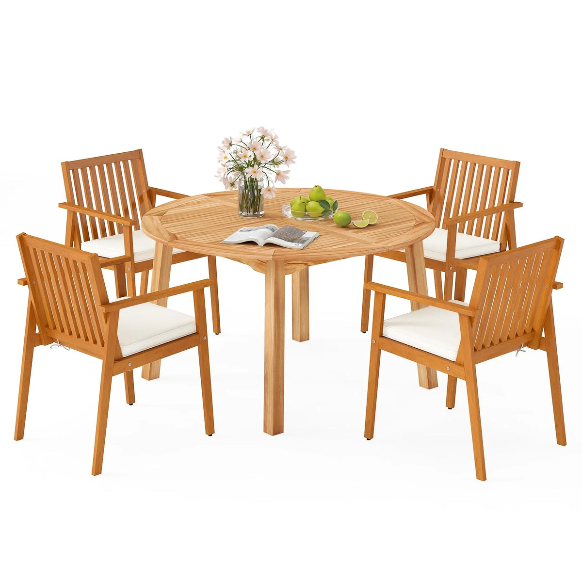 Tangkula 5 Pieces Outdoor Acacia Table and Chairs with Umbrella Hole and Soft Cushions