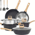 Non - Stick 12 POTS and Pans Set, Cookware Set, Including Frying Pan, Steamer, Silicone Spatula and Tongs - Granite Cooking Set (Black)