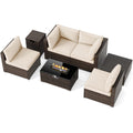 Tangkula 7 Pieces Wicker Patio Furniture Set with 40,000 BTU Gas Fire Pit Table & Propane Tank Cover Table & Glass Top Coffee Table