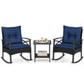 3 Piece Rattan Patio Rocking Bistro Set, Outdoor Wicker Rockers with Cushions & 2-Tier Tempered Glass Coffee Table for Porch, Balcony, Backyard