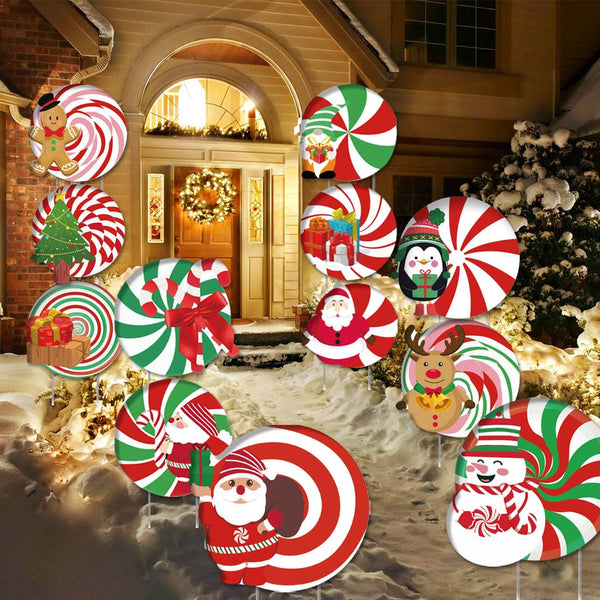 12 Pcs Christmas Outdoor Yard Signs Christmas Walkway Decorations Outside Double Printed Candy Ornaments Peppermint Corrugated Xmas Garden Decor