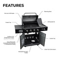 4-Burner Smart Gas Grill with Side Searing Burner. Black with Chrome Accents
