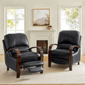 Set of 2 Alex Mid - Century Modern Genuine Leather Manual Recliners with Curved Wooden Arms