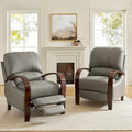 Set of 2 Alex Mid - Century Modern Genuine Leather Manual Recliners with Curved Wooden Arms