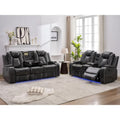 Black Power Reclining Sofa with Wireless Charger, Reading Light, Faux Leather, LED Lighting, AC/USB Ports, and Cup Holder for Living Room
