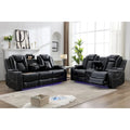 Black Power Reclining Sofa with Wireless Charger, Reading Light, Faux Leather, LED Lighting, AC/USB Ports, and Cup Holder for Living Room