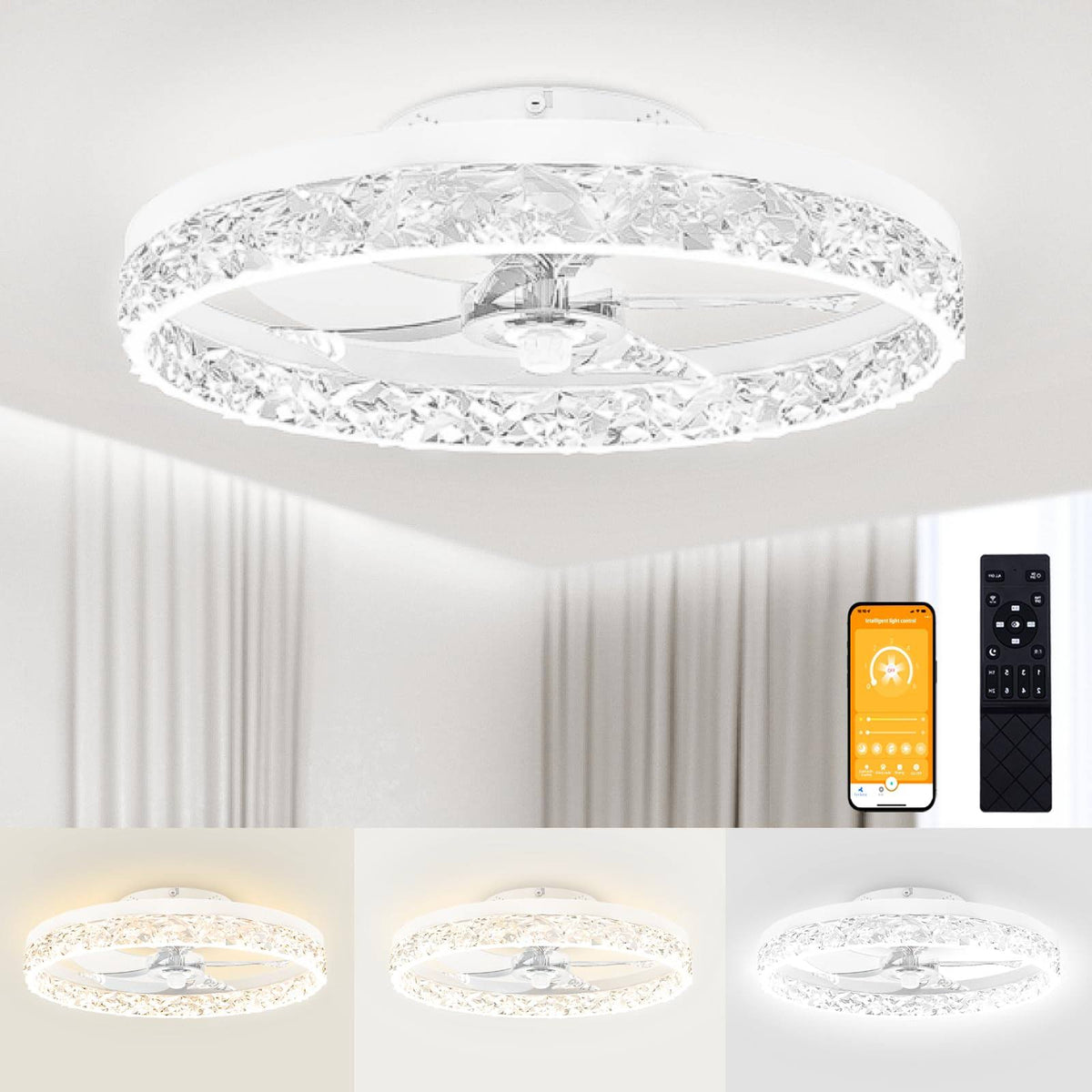 VOLISUN Modern Ceiling Fans with Lights and Remote, 19.7in Low Profile Ceiling Fan Flush Mount, 3000K - 6500K Dimmable Bladeless LED Fan Light, White