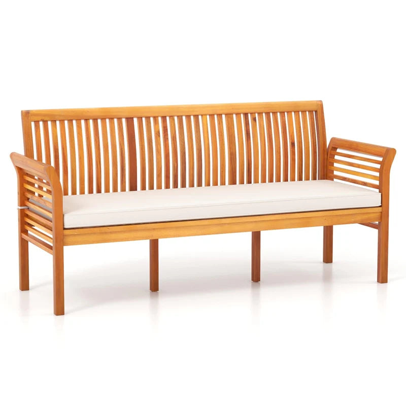 62.5" Outdoor Acacia Wood Bench with Removable Cushion, 3-Person Patio Garden Bench with High Backrest & Armrests, 1200 LBS Capacity for Yard Porch