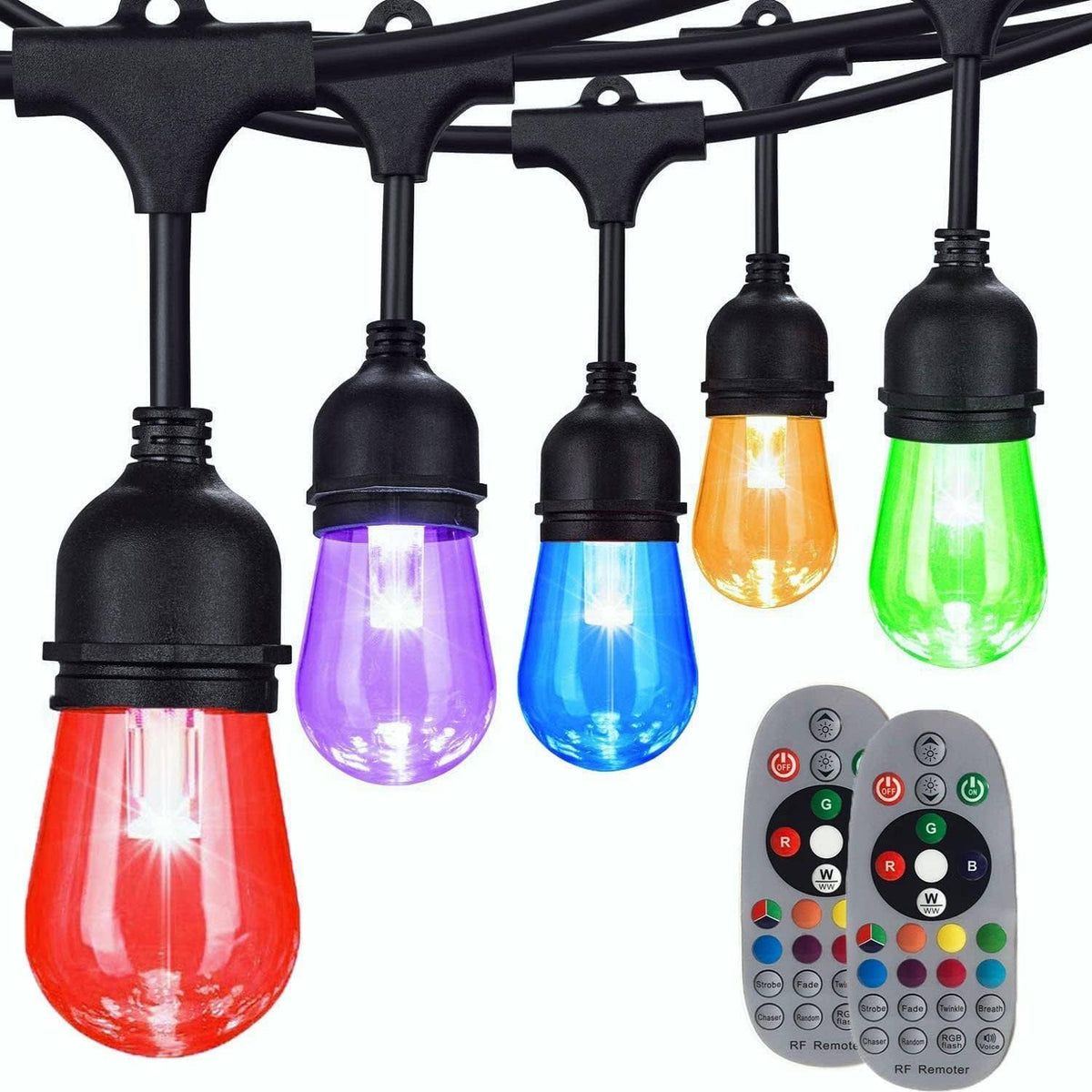 LSOOBZ 96FT Color Changing Outdoor String Lights, Commercial Grade with Music Sync, Remote and 30 Shatterproof LED Edison Bulbs Dimmabl