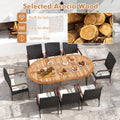 Tangkula 9 Pieces Patio Rattan Dining Set, Outdoor Oval Acacia Wood Dining Table and Wicker Armchairs Set with Umbrella Hole
