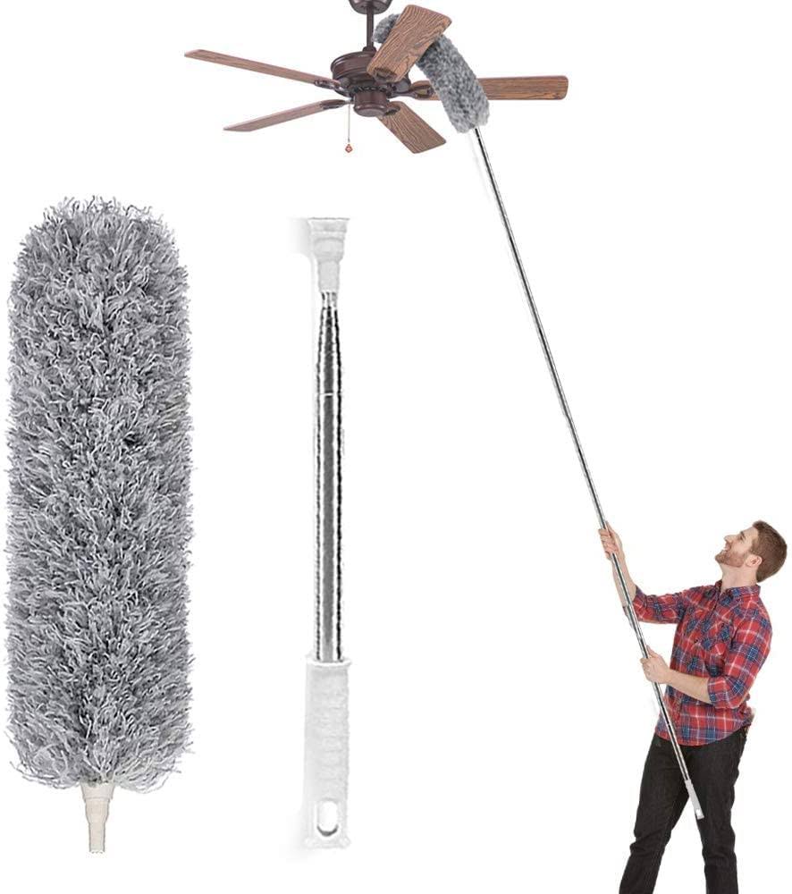 Lomida Microfiber Duster with Extension Pole(Stainless Steel) Extra Long 100 Inches with Bendable Head Extendable Duster for Cleaning High Ceiling Fan