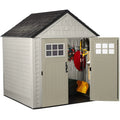 Rubbermaid 77 Ft Durable Weather Resistant Resin Outdoor Garden Storage Shed with Windows and Utility Hooks, Sand