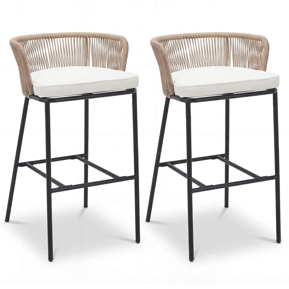 Tangkula Outdoor Bar Stools Set of 2/4 Bar Height Woven Rope Patio Chairs with Cushions and Backrests