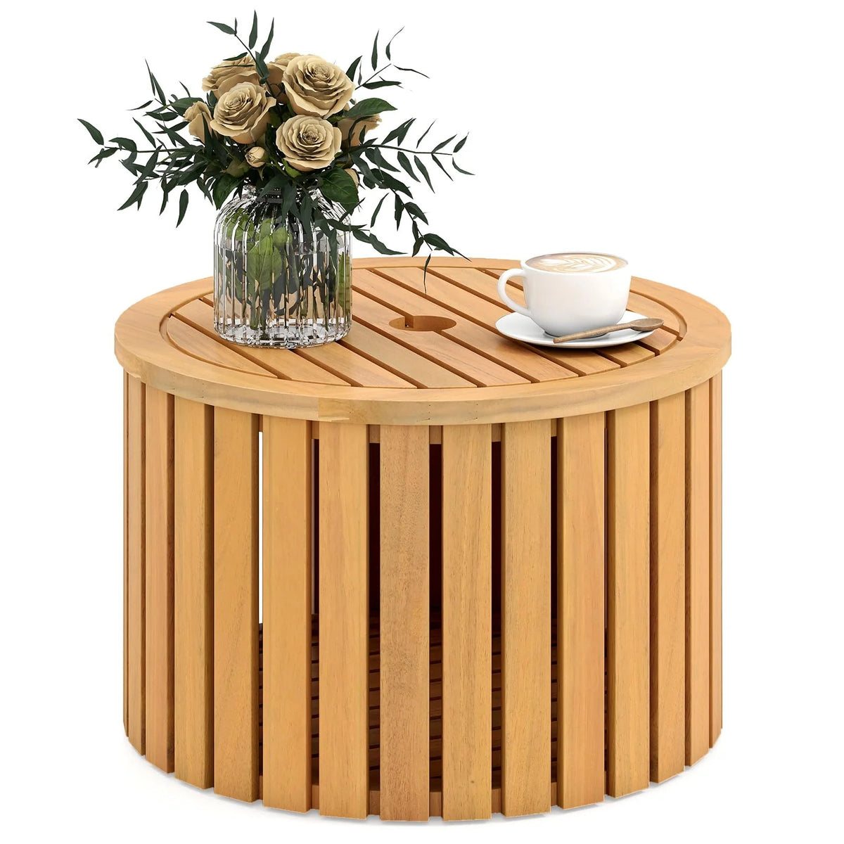 2-in-1 Outdoor Side Table with Storage Acacia Wood Slatted Coffee Table Round Slatted End Storage Box