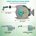 AUOSHI Retractable Garden Hose Reel 1/2" 100ft Automatic Hose Reel with 10 Function Sprayer Nozzle Wall Mount 180 Deg Swivel Bracket Hose Reel with Any Length Lock Slow Return System