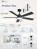 Zardon 52 in Black Ceiling Fan with LED Light and Remote, Downrod 6-Speed and Quiet Reversible DC Motor for Bedroom, Living Room, Indoor