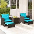 Tangkula 5 Piece Patio Rattan Furniture | Wicker Cushioned Chairs Set w/ 2 Ottomans & Tempered Glass Coffee Table