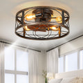 Dextrus 20" Caged Ceiling Fan with Lights and Remote Control, Rustic Farmhouse Flush Mount Design with Reversible DC Motor, 6 Speed Settings for Indoor/Outdoor Use (Brown & Black)
