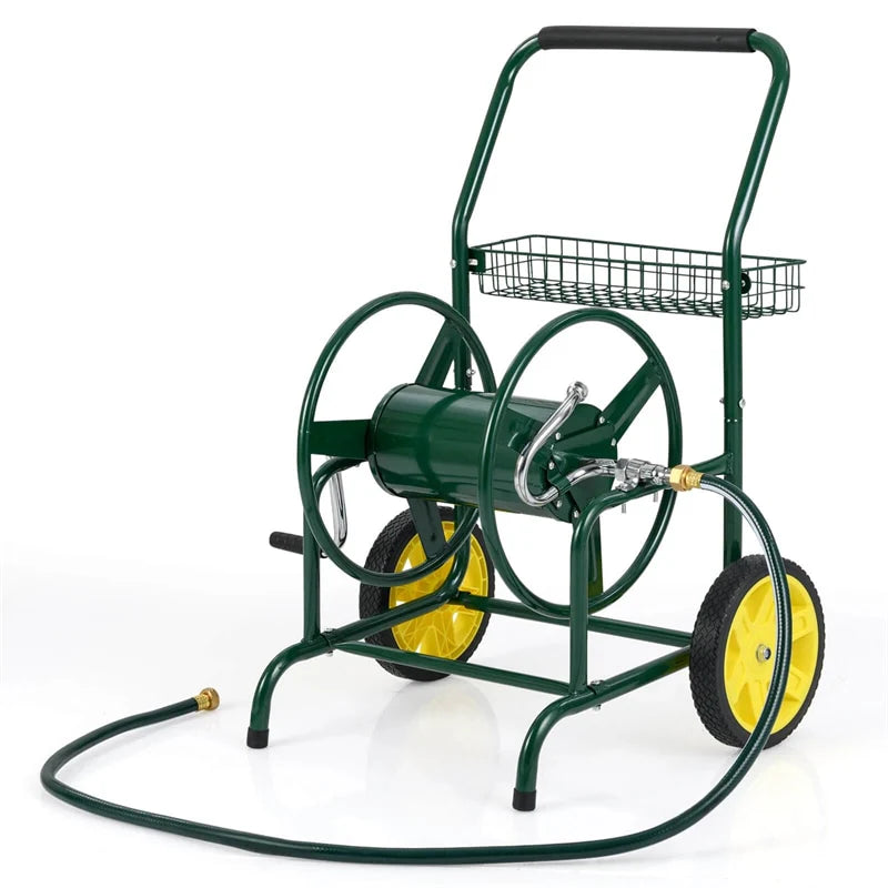 Garden Hose Reel Cart Holds 230FT of 5/8" Hose, Heavy - Duty Hose Cart with 2 Wheels & Storage Basket, Portable Water Hose Organizer for Yard