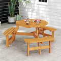 6-Person Round Wood Picnic Table Set with 3 Built-in Benches & 2" Umbrella Hole, Holds 1850 LBS, Outdoor Dining Table & Bench for Patio Garden