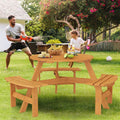 6-Person Round Wood Picnic Table Set with 3 Built-in Benches & 2" Umbrella Hole, Holds 1850 LBS, Outdoor Dining Table & Bench for Patio Garden