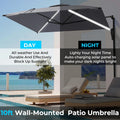 AECOJOY 10FT Large Patio Umbrella with Solar Lights, Rectangle Wall Mounted Outdoor Patio Umbrella, Grey