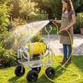 Portable Garden Hose Reel Cart Holds 300FT of 5/8" Large Capacity, Heavy-Duty Metal Hose Cart with 4 Wheels & Storage Basket for Lawn Yard