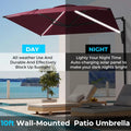 AECOJOY 10FT Large Patio Umbrella with Solar Lights, Rectangle Wall Mounted Outdoor Patio Umbrella, Red