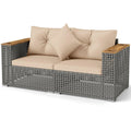 Tangkula 62.5" Large Patio Wicker Loveseat with Acacia Wood Armrests & Cup Holders