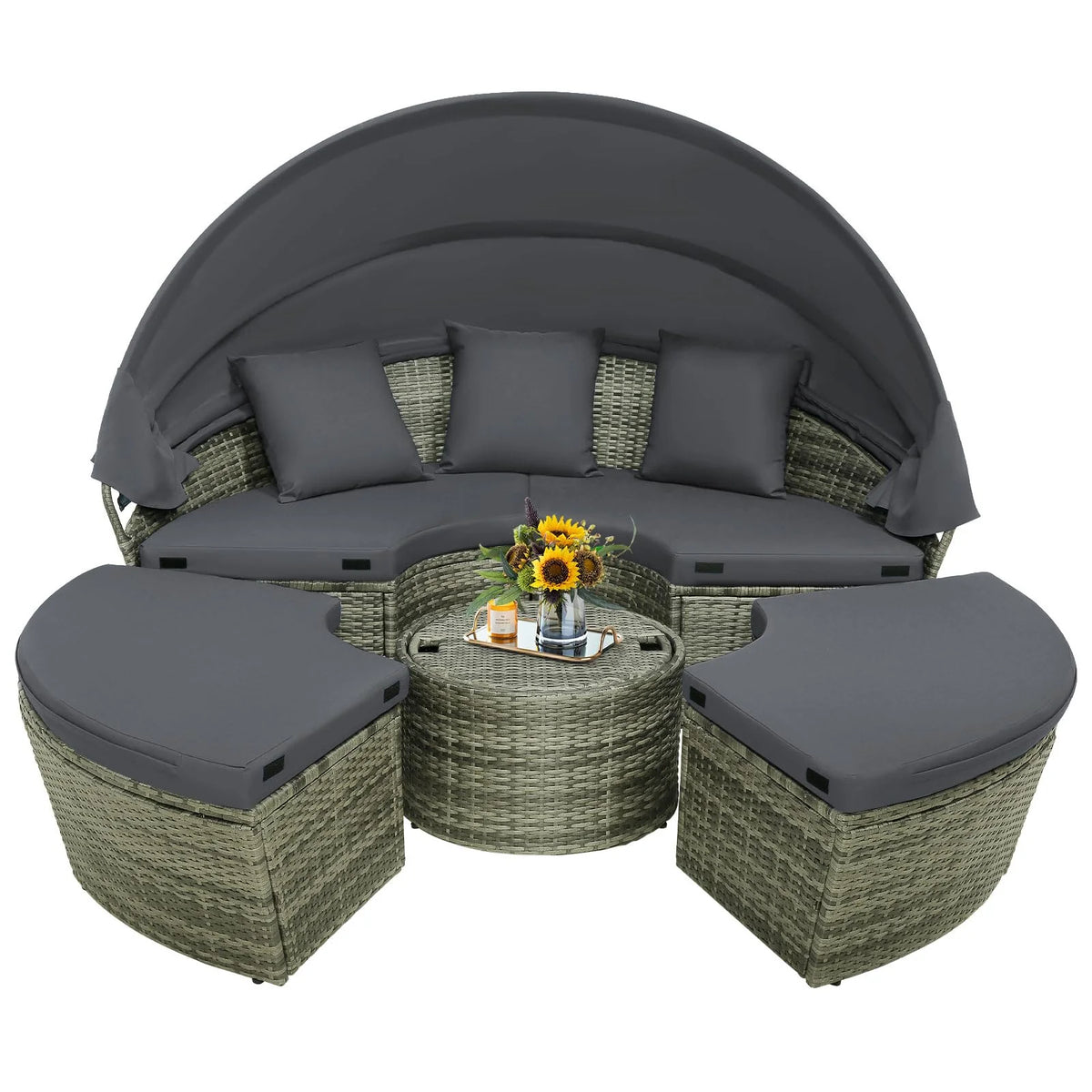Tangkula Patio Round Daybed with Retractable Canopy(Grey)