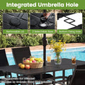 Tangkula 7 Pieces Patio Dining Set 63” x 33” Outdoor Rectangle Metal Table with Umbrella Hole 6 Stackable Breathable Mesh Armchairs