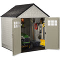Rubbermaid 77 Ft Durable Weather Resistant Resin Outdoor Garden Storage Shed with Windows and Utility Hooks, Sand