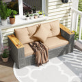 Tangkula 62.5" Large Patio Wicker Loveseat with Acacia Wood Armrests & Cup Holders