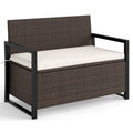 40 Gallon Outdoor Wicker Storage Bench with Cushion & Cover, Metal Frame Patio Deck Box Seat, Rattan Loveseat for Garden, Poolside