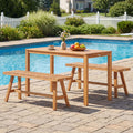 3 Pieces Acacia Wood Patio Dining Set Outdoor Rectangular Table and Benches with Slatted Seats