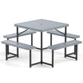 4-8 Person Outdoor Picnic Table Bench Set, All-Weather HDPE Square Dining Table with Umbrella Hole, 4 Benches & Metal Frame for Patio Backyard