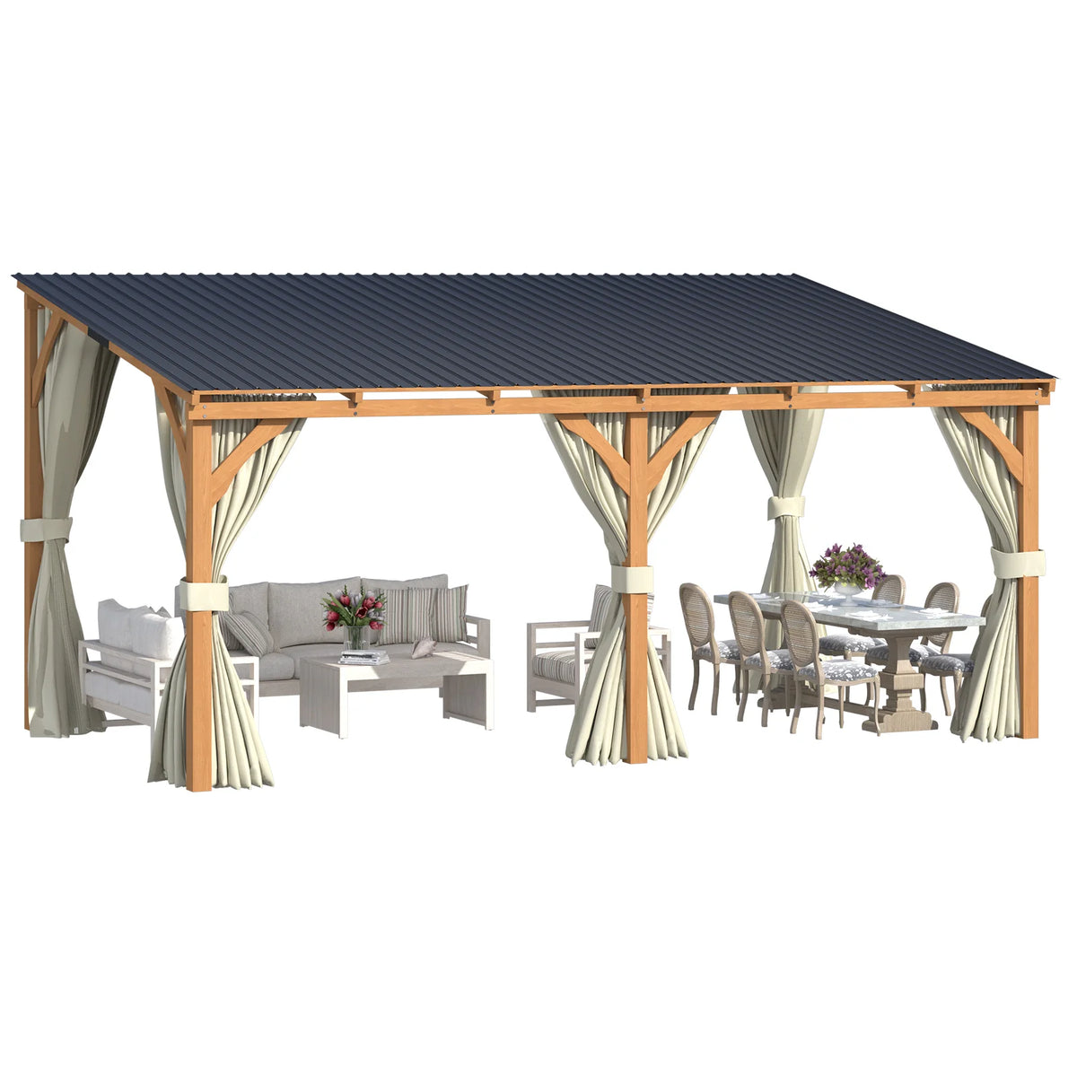 AECOJOY 16x10 Outdoor Wooden Pergola Gazebo with Curtains and Netting for Patio