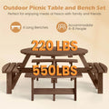 8-Person Round Wood Picnic Table Set with 4 Built-in Benches & 2" Umbrella Hole, Holds 2420 LBS, Outdoor Dining Table & Bench for Patio Garden
