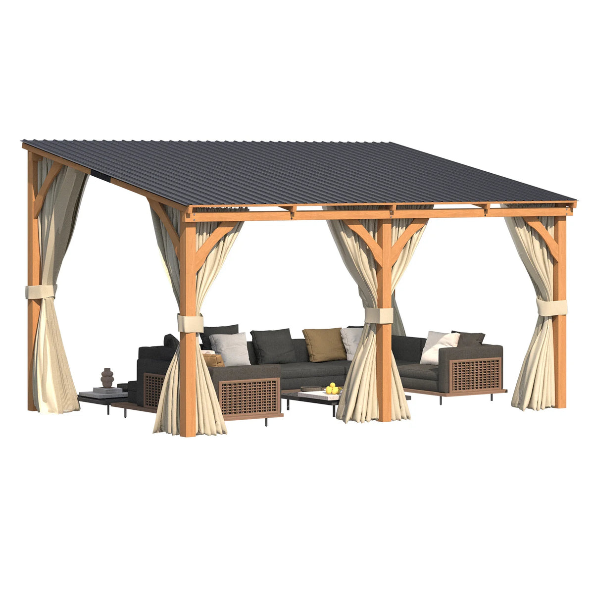 AECOJOY 14x10 Outdoor Wooden Pergola Gazebo with Curtains and Netting for Patio