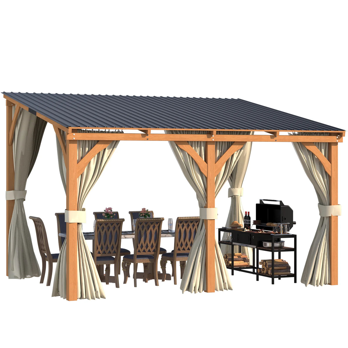 AECOJOY 12x10 Outdoor Wooden Pergola Gazebo with Curtains and Netting for Patio