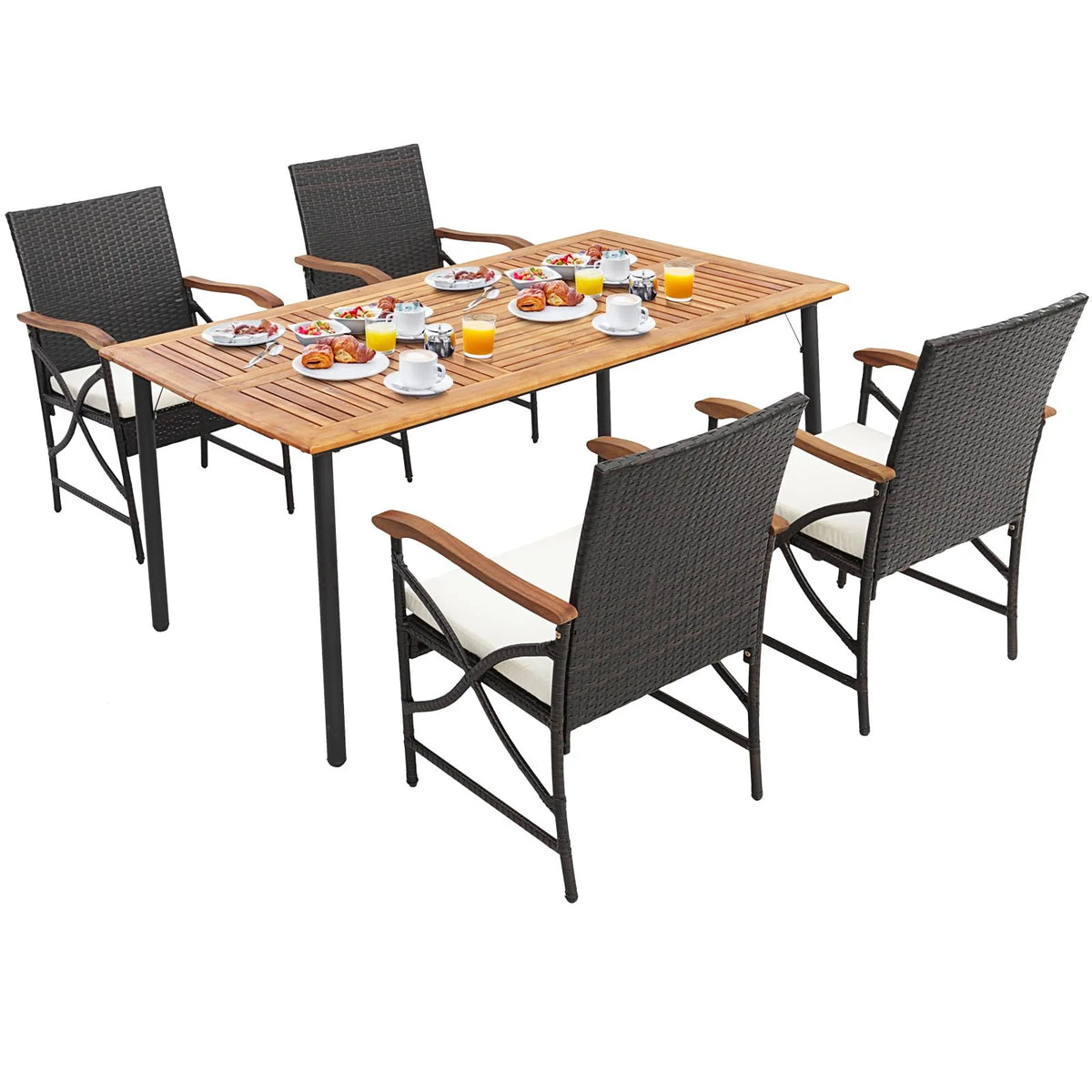 Tangkula 5 Pieces Outdoor Dining Set with Acacia Wood Table & 4 Wicker Rattan Armrest Chairs